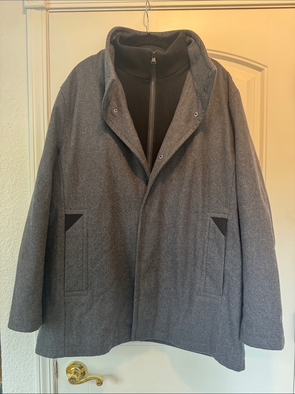 Men's Gray Wool-Blend Pea Coat with Black Trim and Zip-In Lining